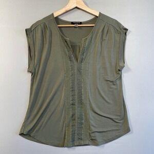 Cable & Gauge Olive Green V Neck Crochet Trim Tunic Top‎ Women's Size L